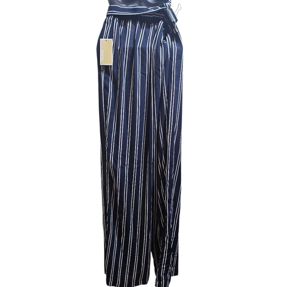 NWT Michael Kors Navy Blue White Stripe Wide Leg Pants with Belt Medium - Picture 2 of 11